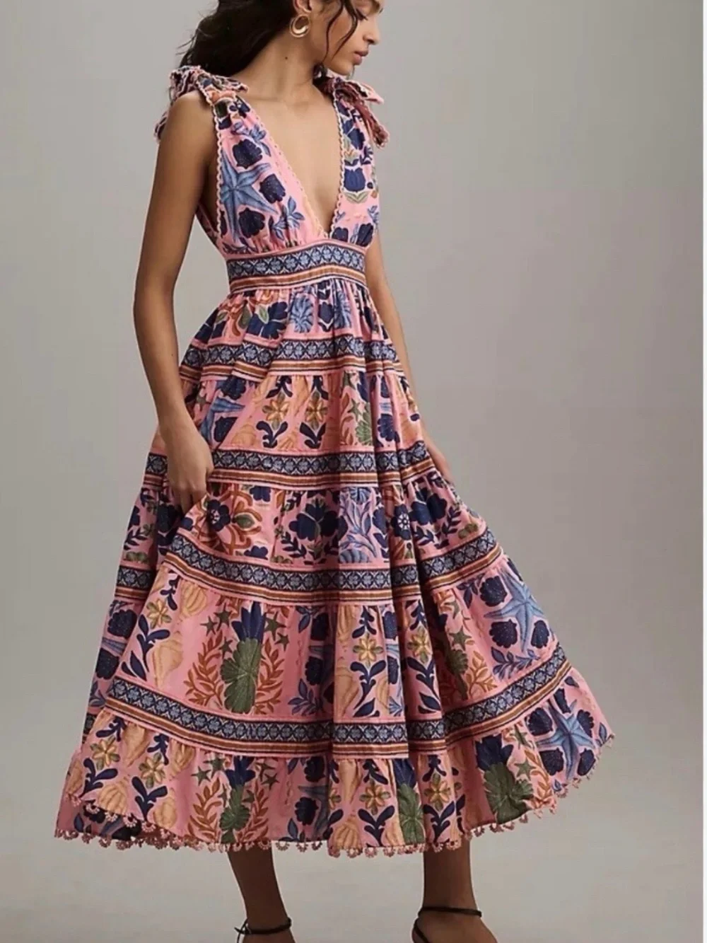 FARM Rio Pink Floral Tiered Midi Dress with Blue and Green Accents - Picture 1 of 2